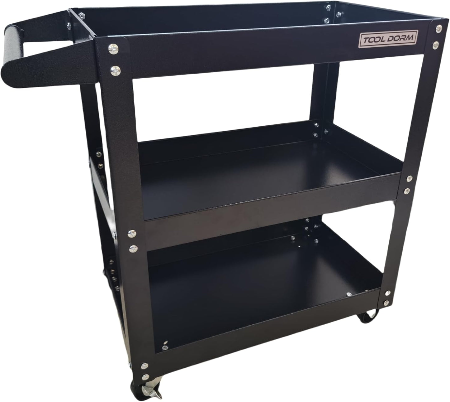 Utility Service Cart, 3 Shelf 150LBS Heavy Duty Steel Rolling Utility Cart, Medium Lipped Shelf, 360° Swivel Wheels, Ergonomic Storage Handle for Warehouse Garage, Black