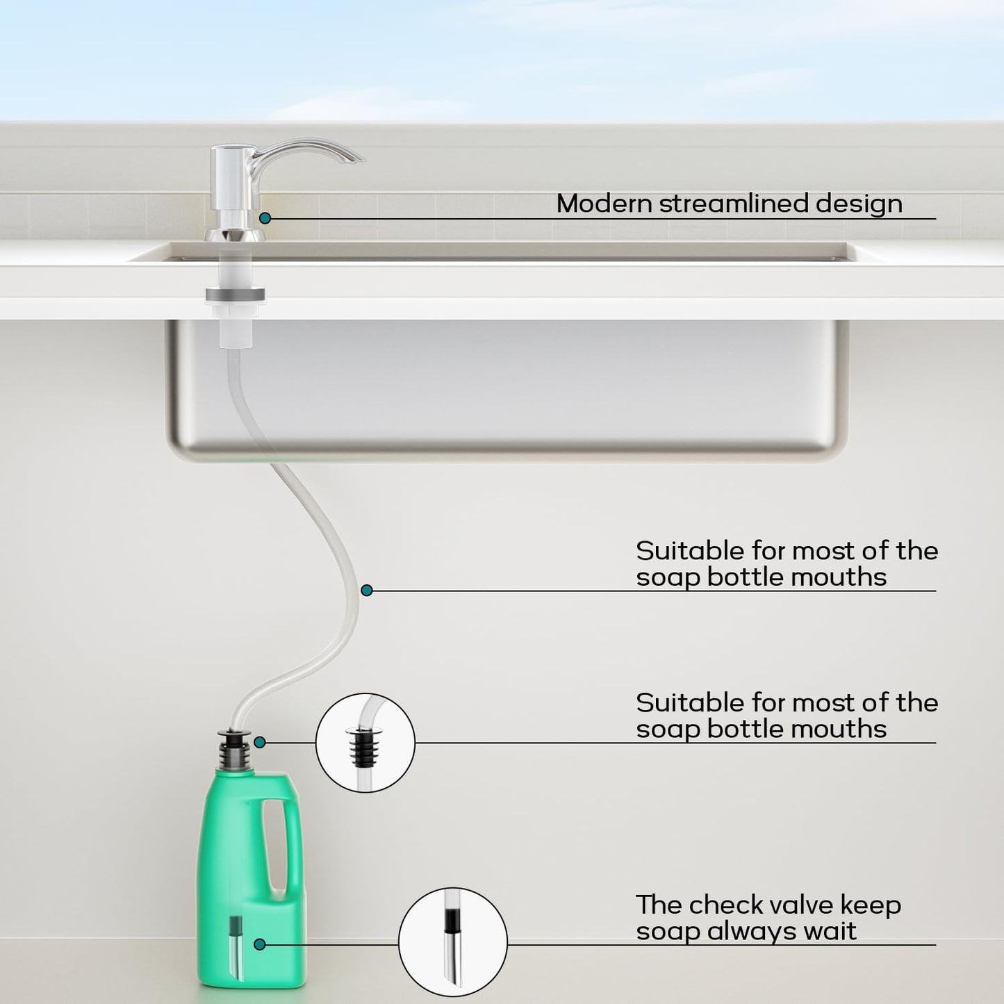 SAMODRA Built-in Kitchen Sink Soap Dispenser with Extension Tube Kit - Chrome Finish, Leak-Proof Design, No Top Refill Required (39" Tube)