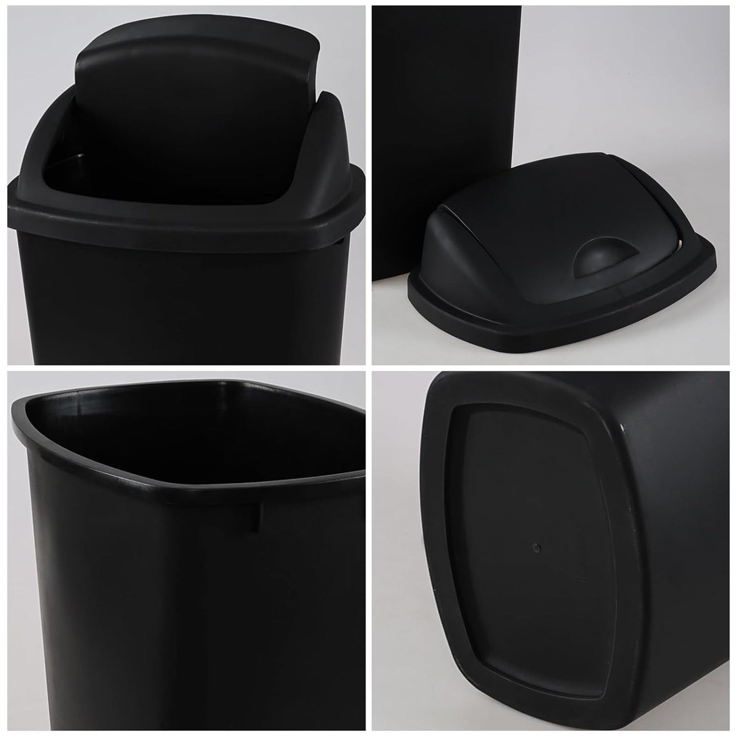 Teyyvn 6 Gallon Plastic Flip Lid Trash Can for Kitchen, Black Plastic Garbage Bin with Swing Lid, Pack of 4