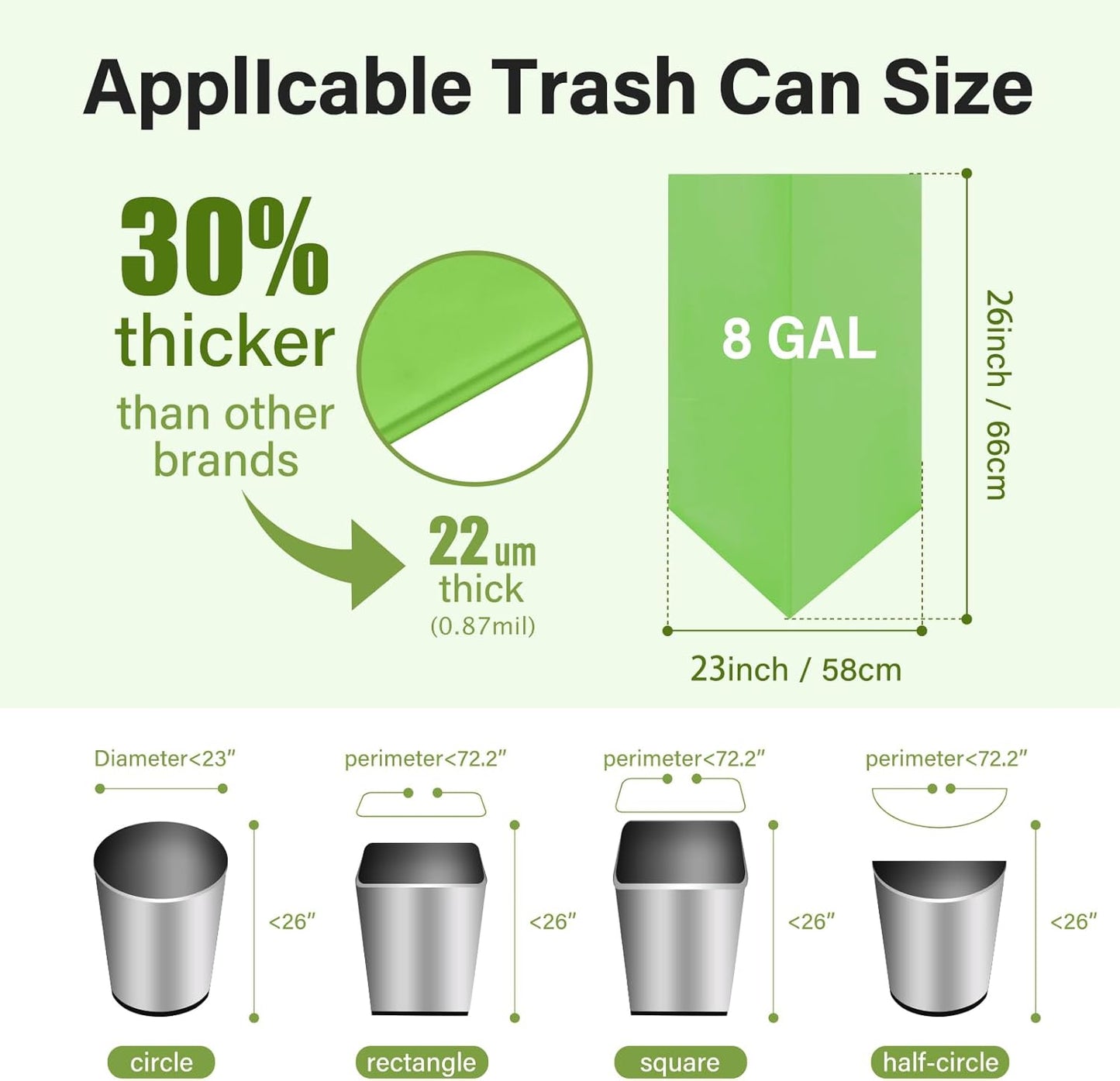 Compostable 8 Gallon Trash Bags Compost Small Garbage Bag Extra Thick 0.87 Mil for Kitchen Bathroom BPI Certified 30 Counts, Green