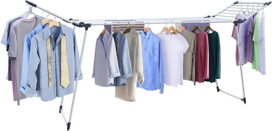 Clothes Drying Rack, Gullwing Laundry Rack Adjustable and Foldable for Easy Storage Indoor and Outdoor, White & Gray