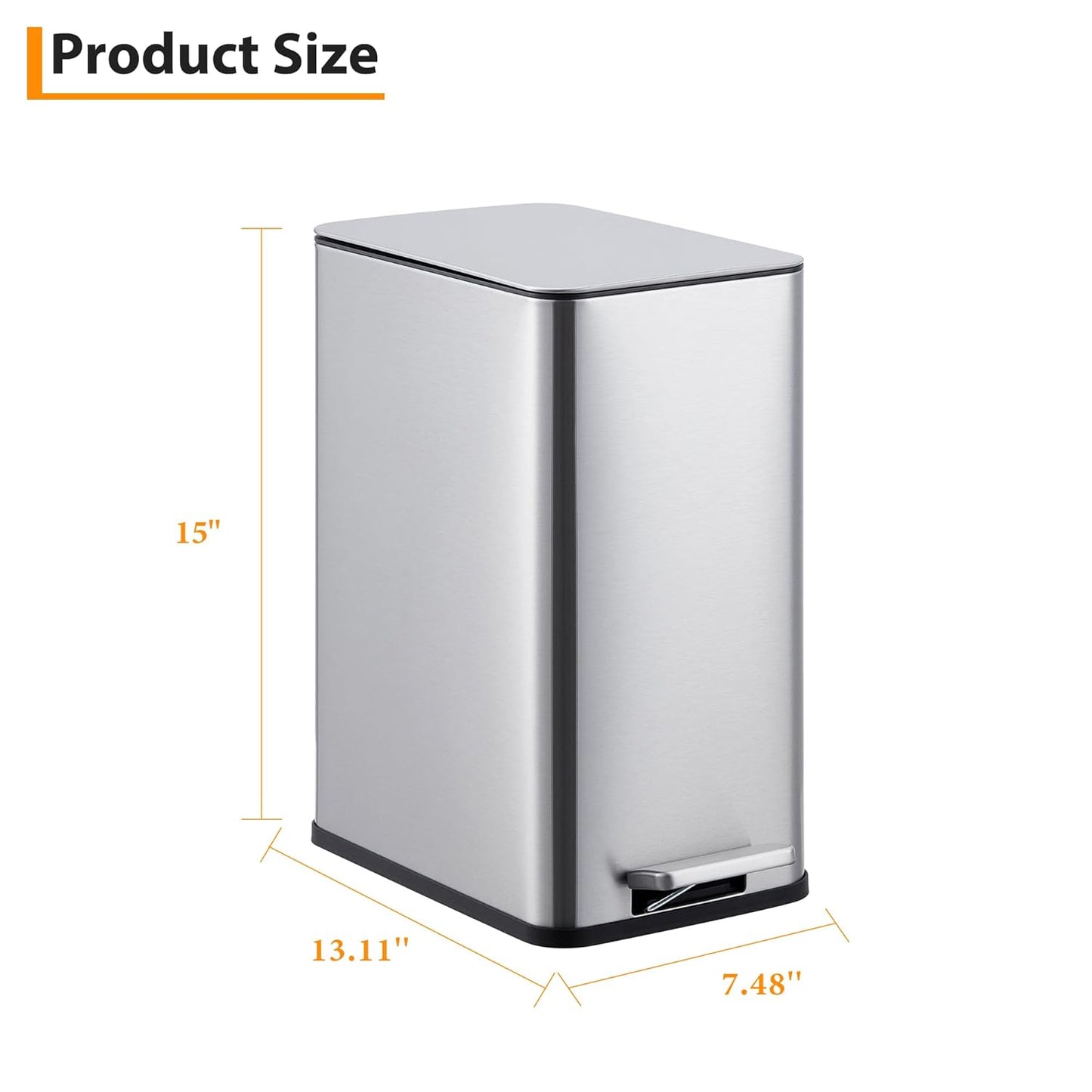 2.6 Gallon Kitchen Trash Can, Stainless Steel Garbage Can with Soft-Close Lid, Step Rubbish Bin with Removable Inner Bucket, Narrow Recycle Bins for Kitchen, Bathroom, Bedroom
