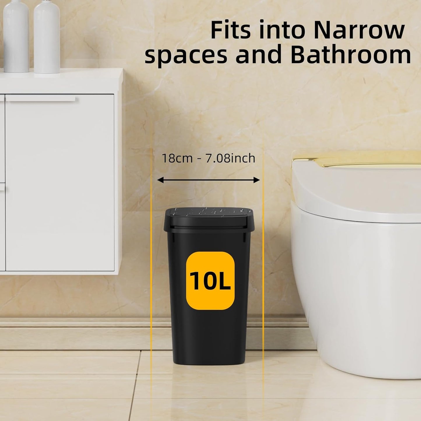 3 Pack Bathroom Small Trash Can with Lid, 2.6 Gallon Slim Garbage Bin with Pop-Up Lid, 10L Plastic Wastebasket for Bedroom, Office, Kitchen, Toilet (Matte Black)