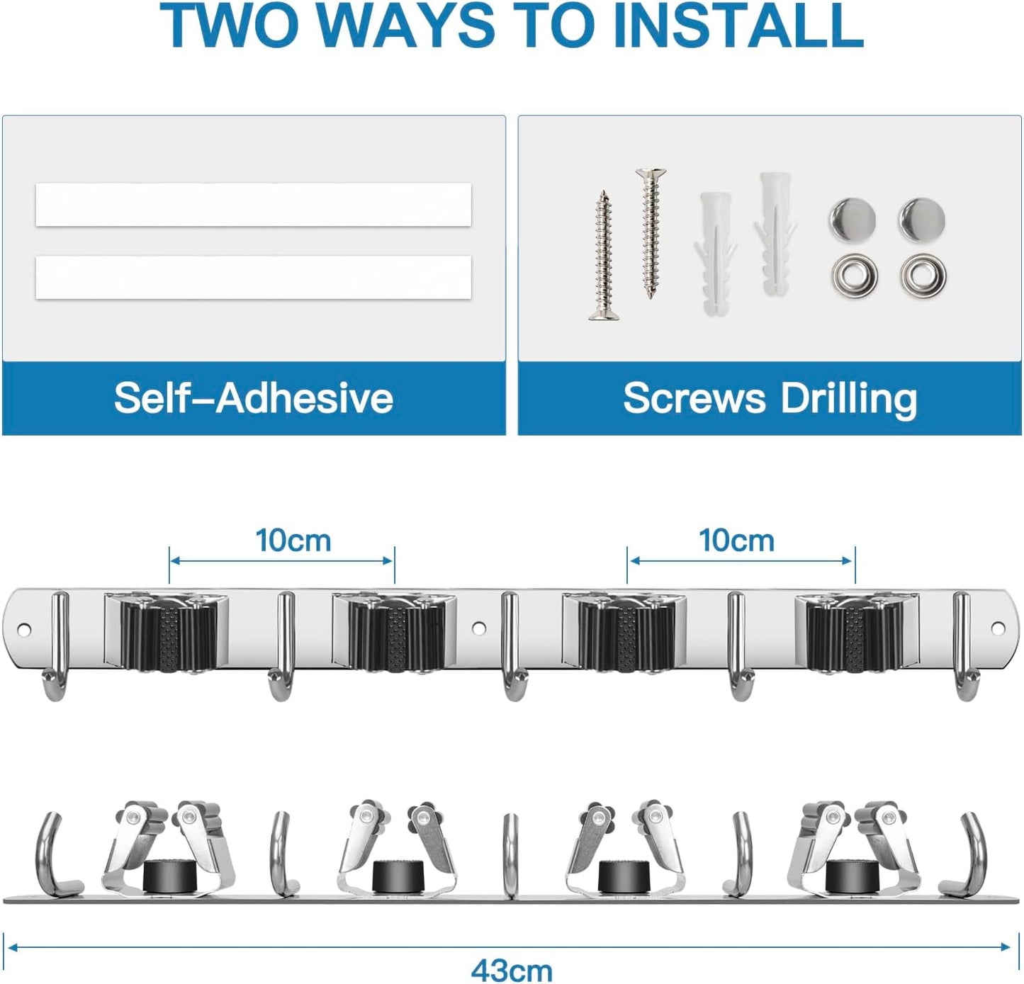 IMILLET Broom Holder Wall Mounted, Stainless Steel Broom Mop Holder Self Adhesive Heavy Duty Hooks Storage Organizer for Home Laundry Room Garden Garage Closet Kitchen 1 Pack（4 Racks with 5 Hooks）