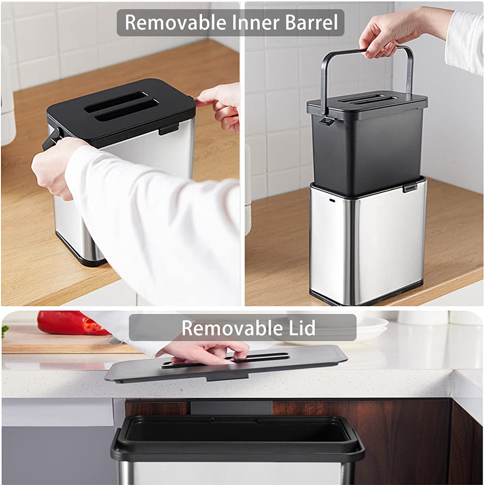 SIDIANBAN Hanging Trash Can with Lid for Kitchen Cabinet Door, 0.8 Gal/3L Stainless Steel Garbage Can Kitchen Compost Bin for Countertop or Under Sink