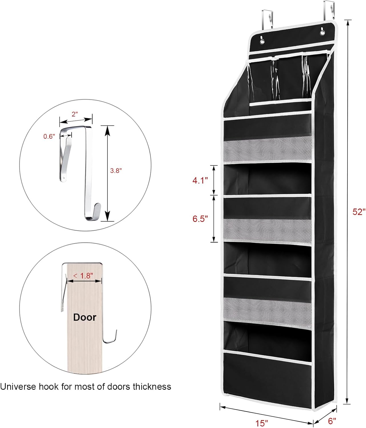 Univivi 5-Shelf Fabric Door Storage Over Door Hanging Organizer with 4 Large Pockets and 3 Small PVC Pockets Nursery Closet Cabinet Wall Mount Hanging Storage Organizers for Baby Nursery (Black)