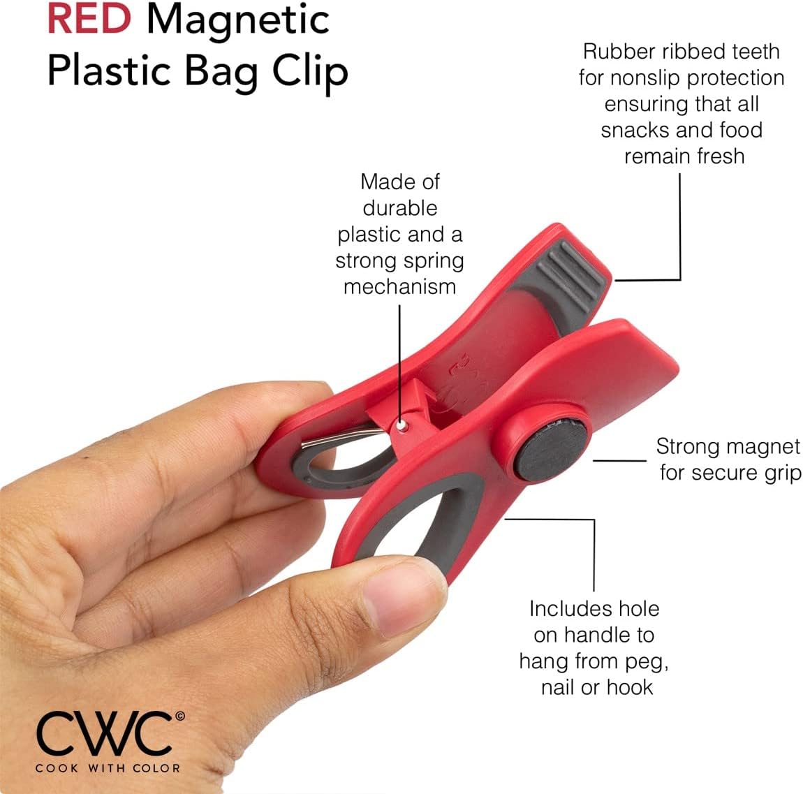 COOK WITH COLOR Bag Clips - Heavy Duty Chip Clip and Refrigerator Magnet Clips for Food Storage with Air Tight Seal Grip, Red, Pack of 8