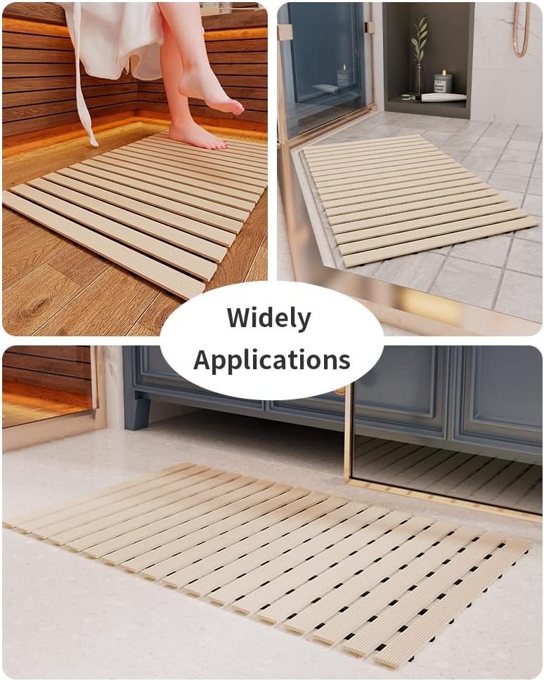 PADOOR Shower-Mat Non Slip, Heavy Duty Bathtub-Mat Curlable Quick Drain Sturdy Bath Tub Mat Without Suction Cups for Indoor Outdoor Use 17x26 Inch Beige