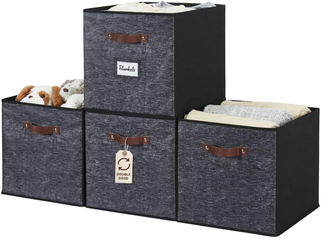 DECOMOMO Storage Baskets, 13x15x13 Storage Cube Bins with Labels for Organizing Shelves Kallax (Kallax / 4pcs, Black Pattern)