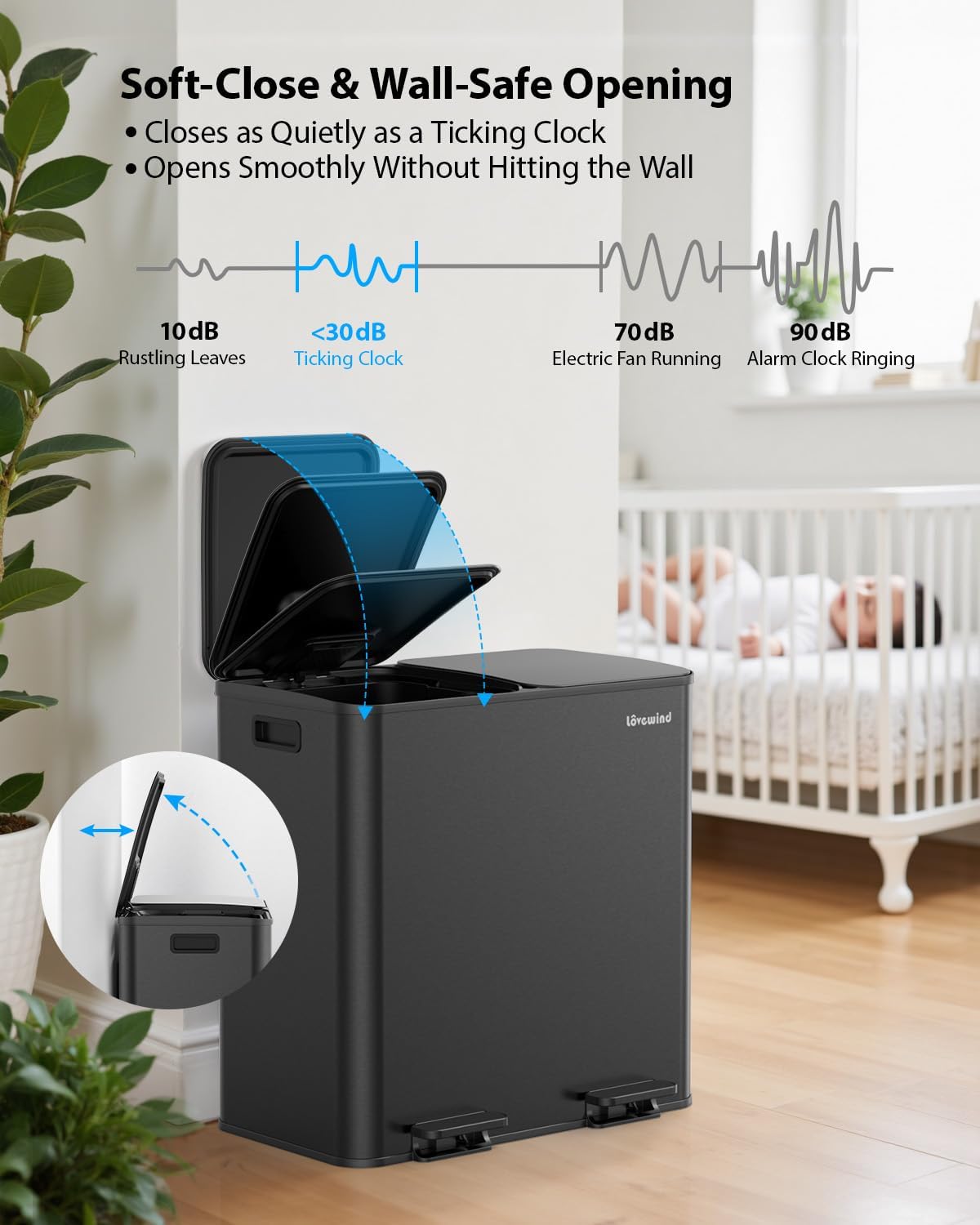 Lovewind Trash Can, 2 x 10.5 Gallon (2 x 40 L) Garbage Can for Kitchen Dual Compartment Recycling Kitchen Step Trash Bin, Stainless Steel Trash and Recycle Bin Combo with Soft-Close Lid, Black