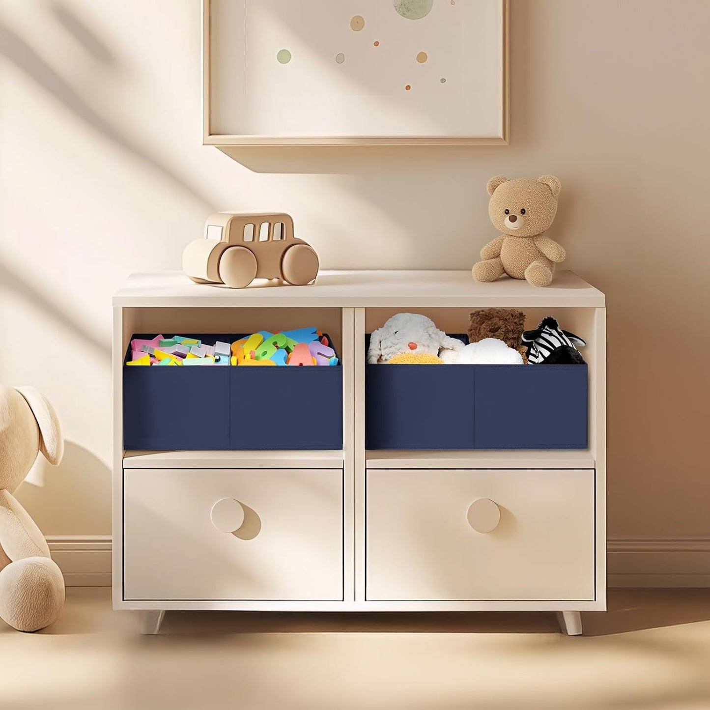 DIMJ Large Closet Shelf Organizer Bins 6 Packs with Handles and Divider, Fabric Trapezoid Storage Baskets, Foldable Clothes Containers Box for Shelf, Towel, Book, Toy, Purse, Hats, Navy Blue