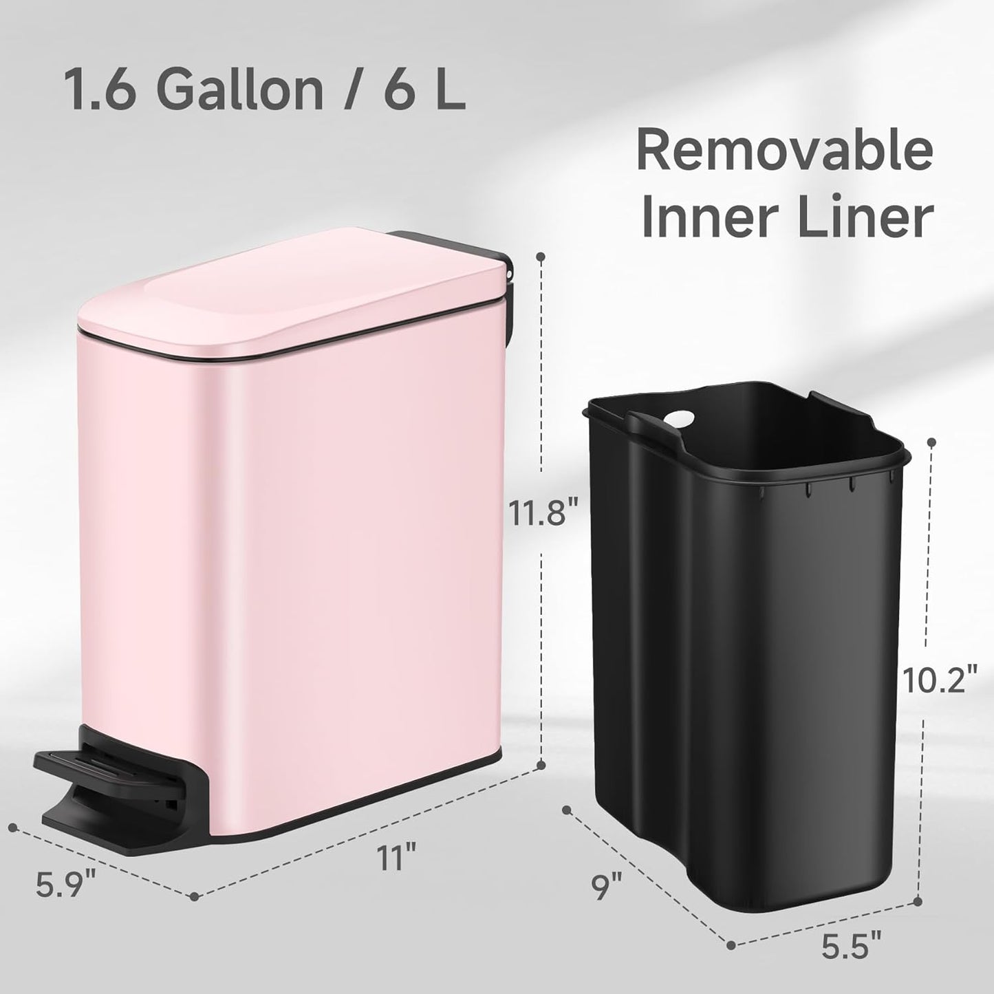 TIPGO Slim Bathroom Trash Can with Lid Soft Close, 6 Liter / 1.6 Gallon Stainless Steel Garbage with Removable Inner Bucket, Small Trash Bins for Bedroom, Office (Pink)