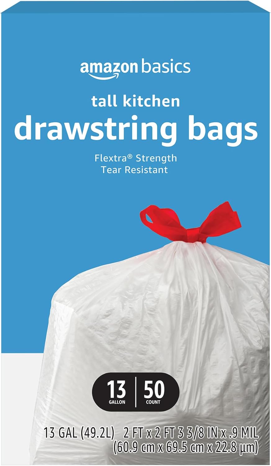 Amazon Basics Flextra Tall Kitchen Drawstring Trash Bags, 13 Gallon, Unscented, 50 Count