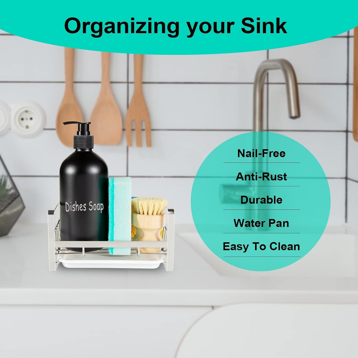 TEZZ Sponge Holder for Kitchen Sink, Stainless Steel Kitchen Storage Sink Caddy for Organizing Sponge, Brush & Dish Soap Dispenser, Sink Organizer Rack with Adhesive or Counter top, Silver