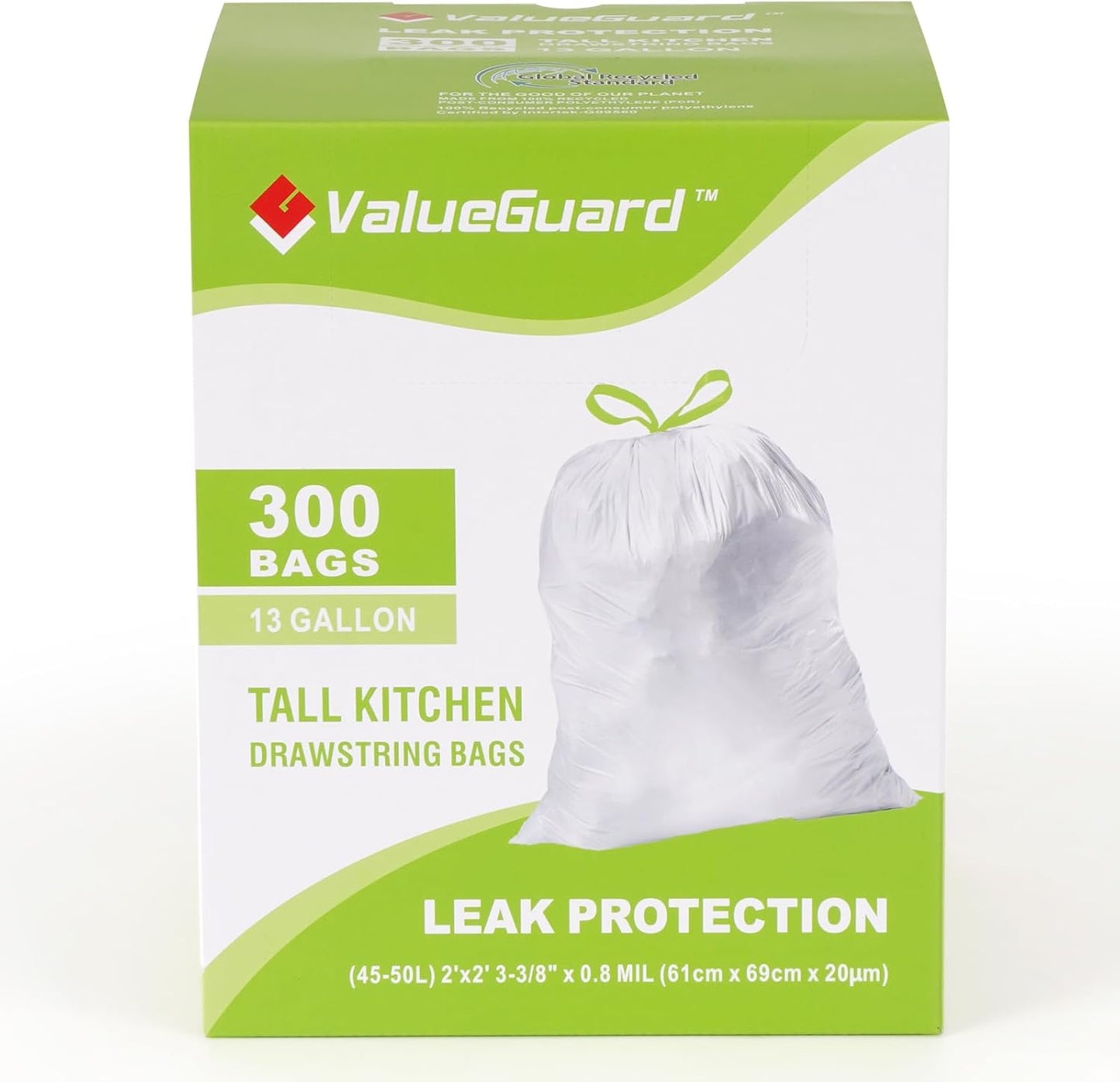 Large Trash Bag 13 Gallon Tall Drawstring 100% Post-Consumer Recycled Garbage Bag Waste Bag for Kitchen Office 0.8 Mil (300 Count)