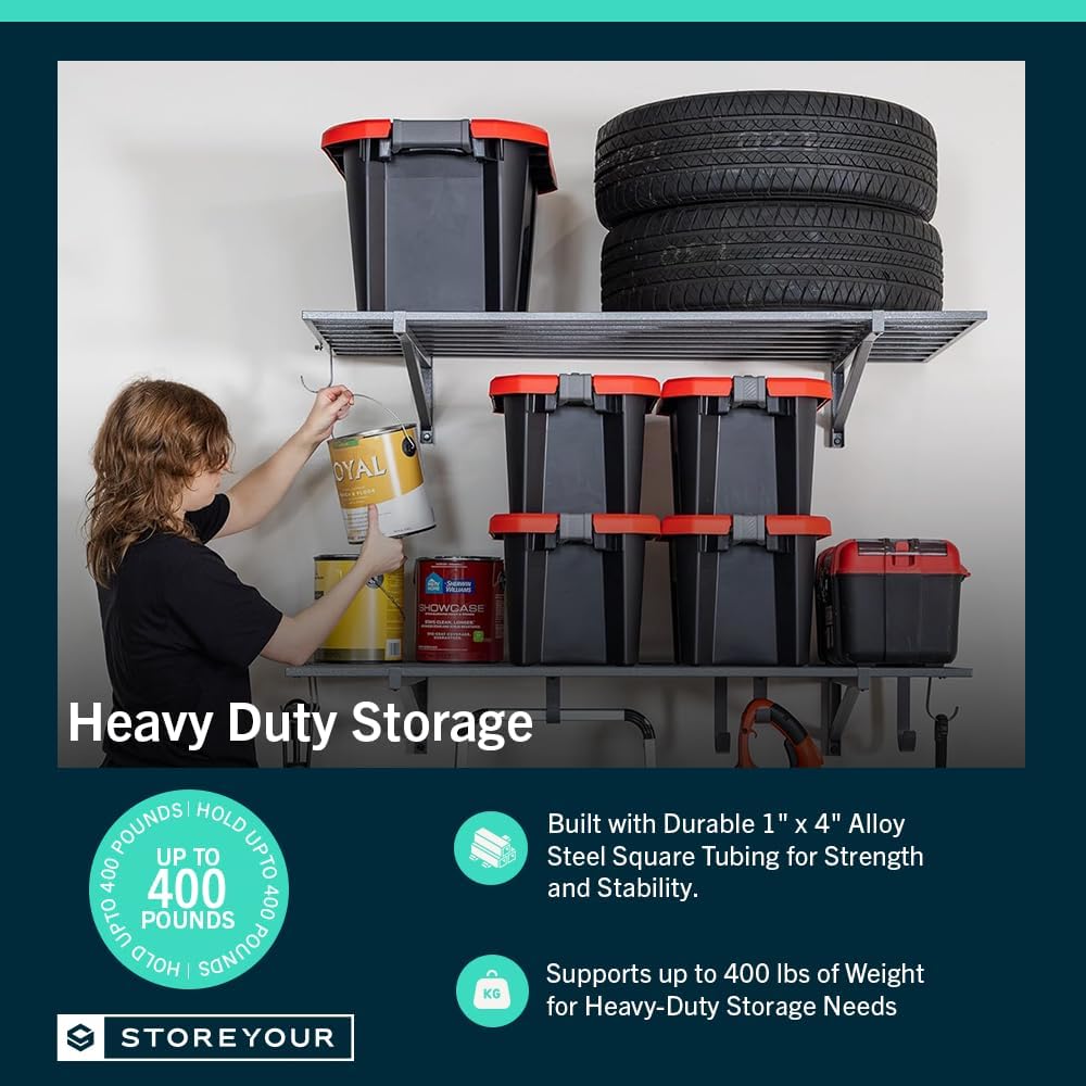 StoreYourBoard 2-Pack Heavy Duty Wall Shelves – Wall-Mounted Garage Storage Shelving and Organization for Sheds, Closets, or Utility Rooms – Holds 200 lbs, 1ft x 4ft, Hammered Gray