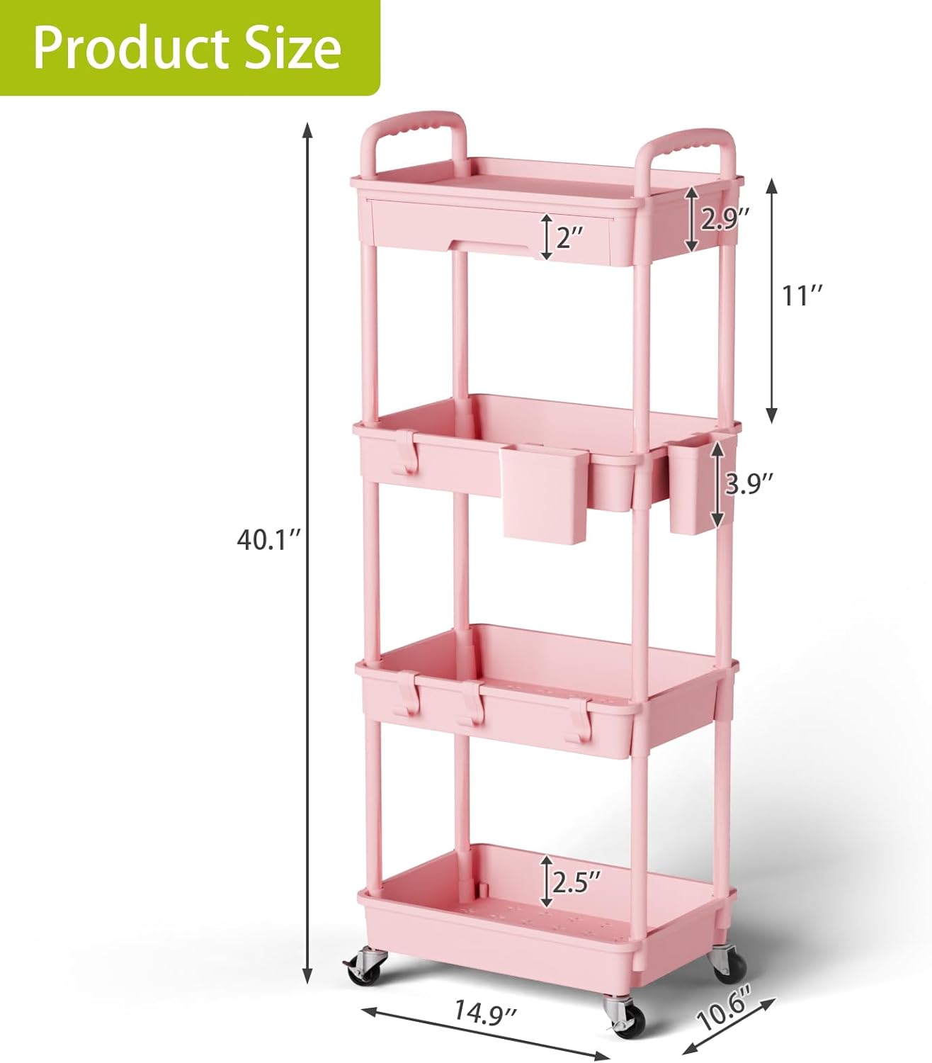 4 Tier Rolling Cart Organizer,Art Craft Diaper Bedside Snack Laundry Room Bathroom Organizer Narrow Thin Slim Rolling Trolley Utility Cart with Wheels for Kitchen,Office(Pink)