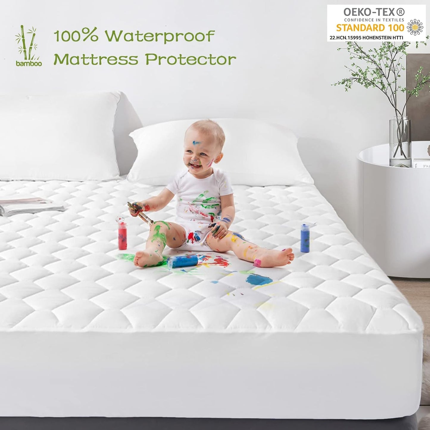 GRT California King Mattress Protector Waterproof, Rayon from Bamboo, Cooling Quilted Fitted Mattress Pad, Noiseless Waterproof Mattress Cover, fits up to 21" Deep, Dust Proof White