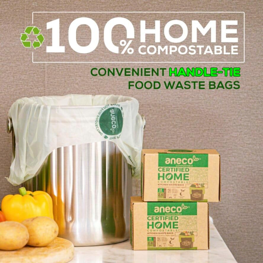 ANECO 100% Compostable Food Waste Bags 2.6 Gallon With Handles, Small Compost Bags for Countertop Bin, OK Compost HOME & BPI Certified Compostable Kitchen Food Waste Bag (45 Count)
