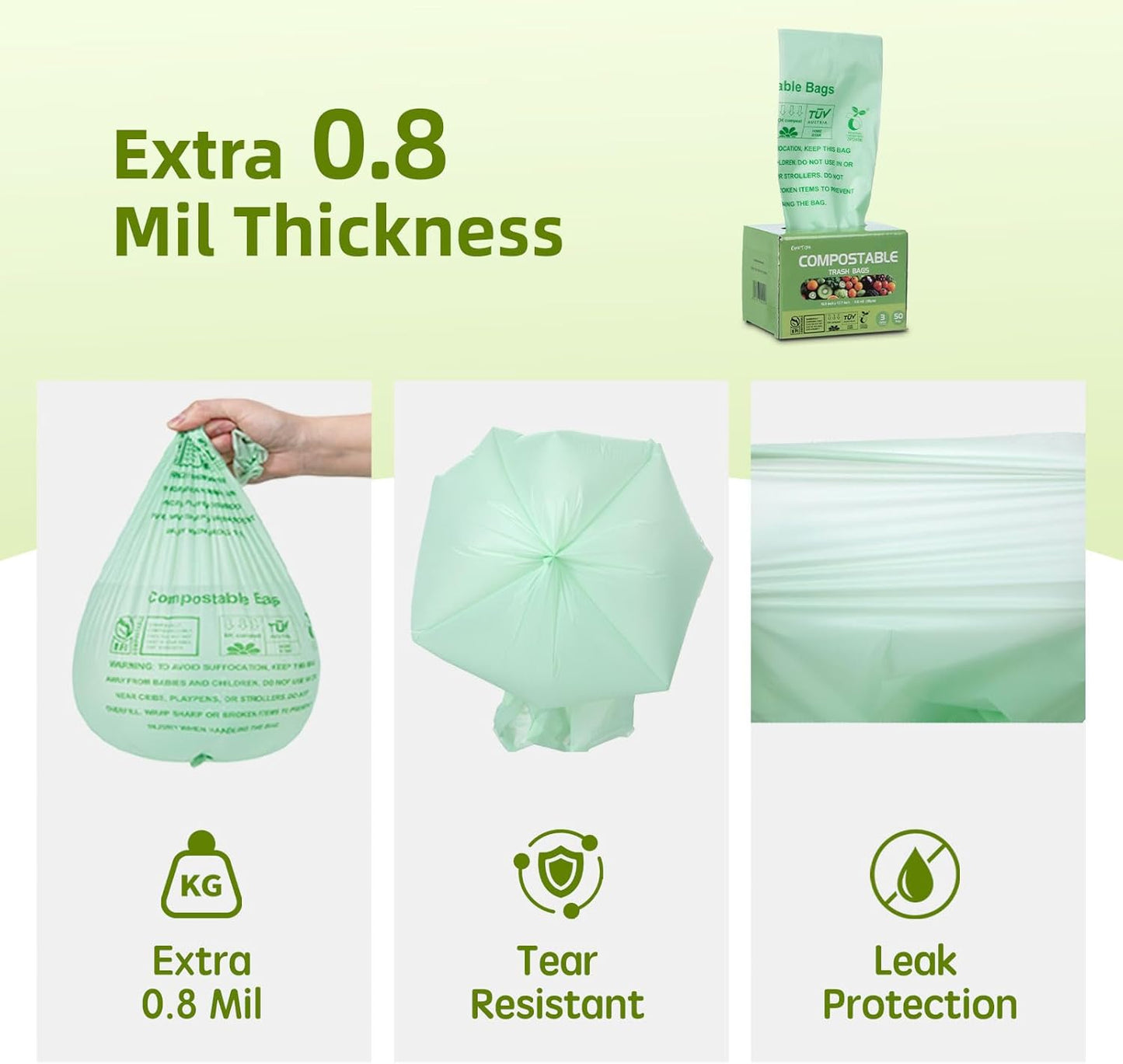 Compostable Trash Bags, Small Compost Bags 3 Gallon, Extra Thick 0.8 Mils, 16.9" x 17.7", 50 Count, Compostable Food Scrap Bags for Kitchen Waste, Green Bin Liners for Garbage Disposal