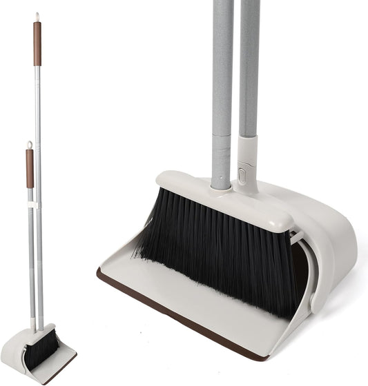 54" Long Handled Broom and Dustpan Set - Perfect Dust Pan and Brush Combo for Efficient Cleaning, Brown and White