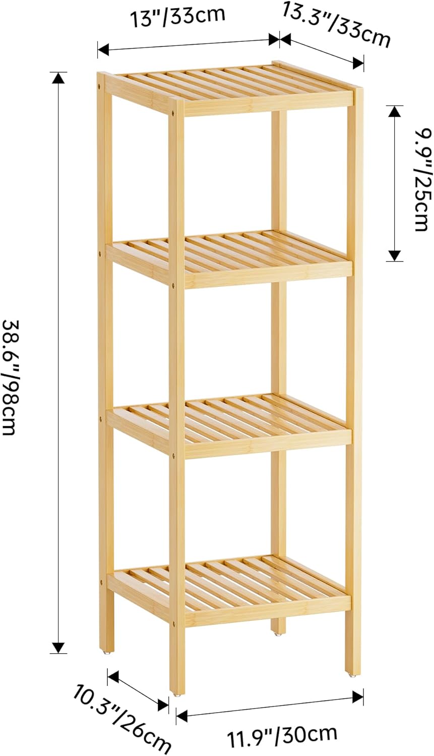 SMIBUY Bathroom Storage Shelf, 4-Tier Bamboo Rack Organizer, Multifunctional Shelving Unit for Living Room Bedroom Kitchen (Natural)