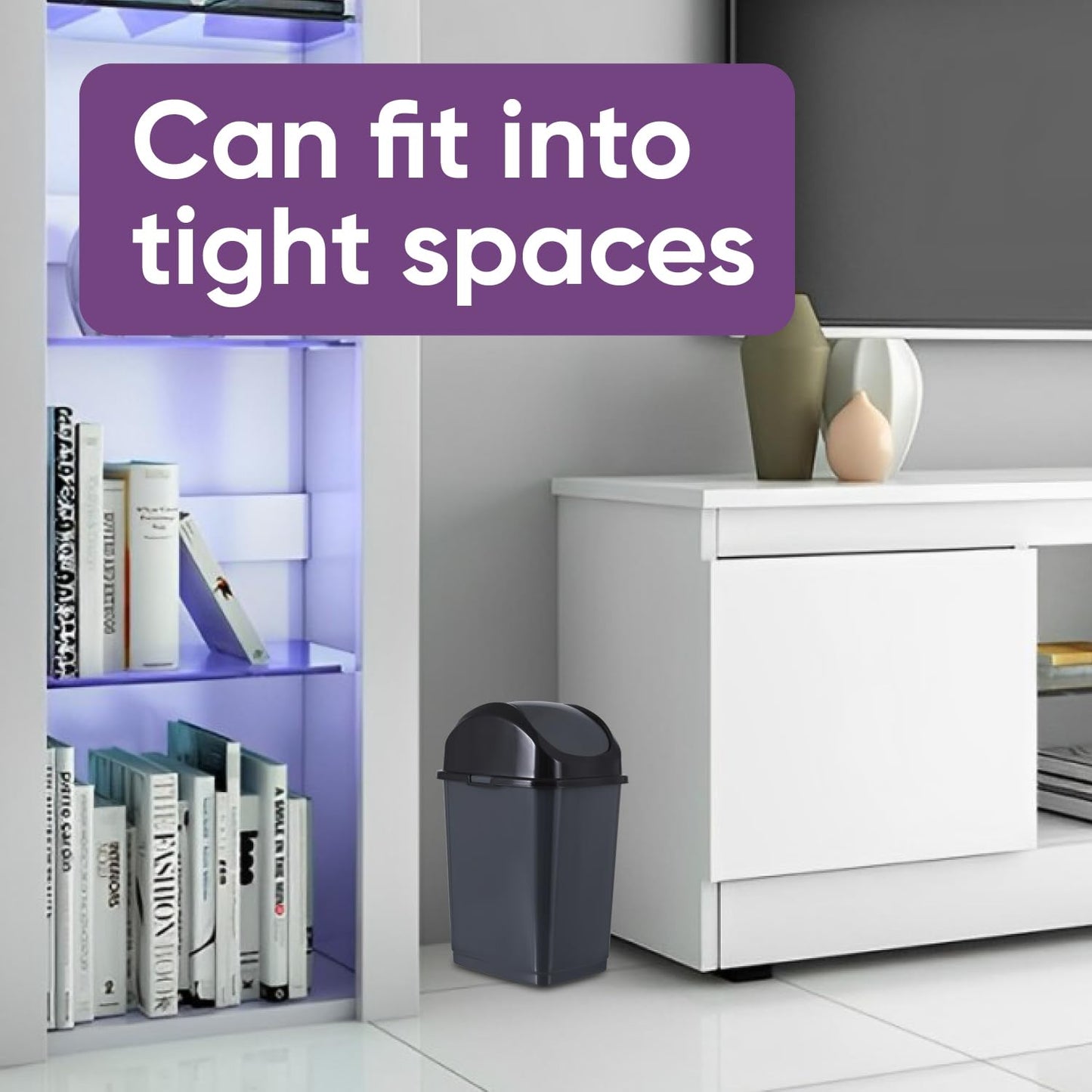 Superio Small 2.5 Gallon Plastic Trash Can with Swing Top Lid, Compact, Slim Waste Bin for Under Desk, Office, Bedroom, Bathroom, Dorm Room, 10 Qt. Portable Garbage Can (Dark Gray, 2