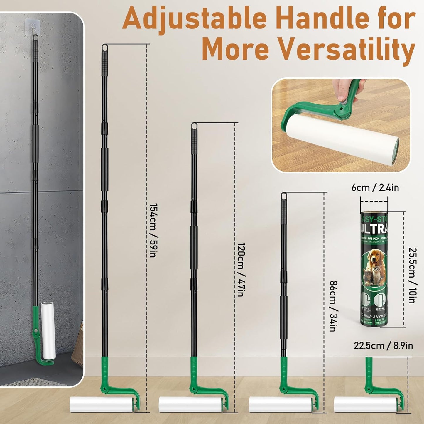 10" Large Lint Roller for Pet Hair Extra Sticky, Long Handle Floor Sticky Rollers with Big Lint Roller Refills for Cleaning Carpets, Cars, Furniture,Clothing, and Pet Hair,Green