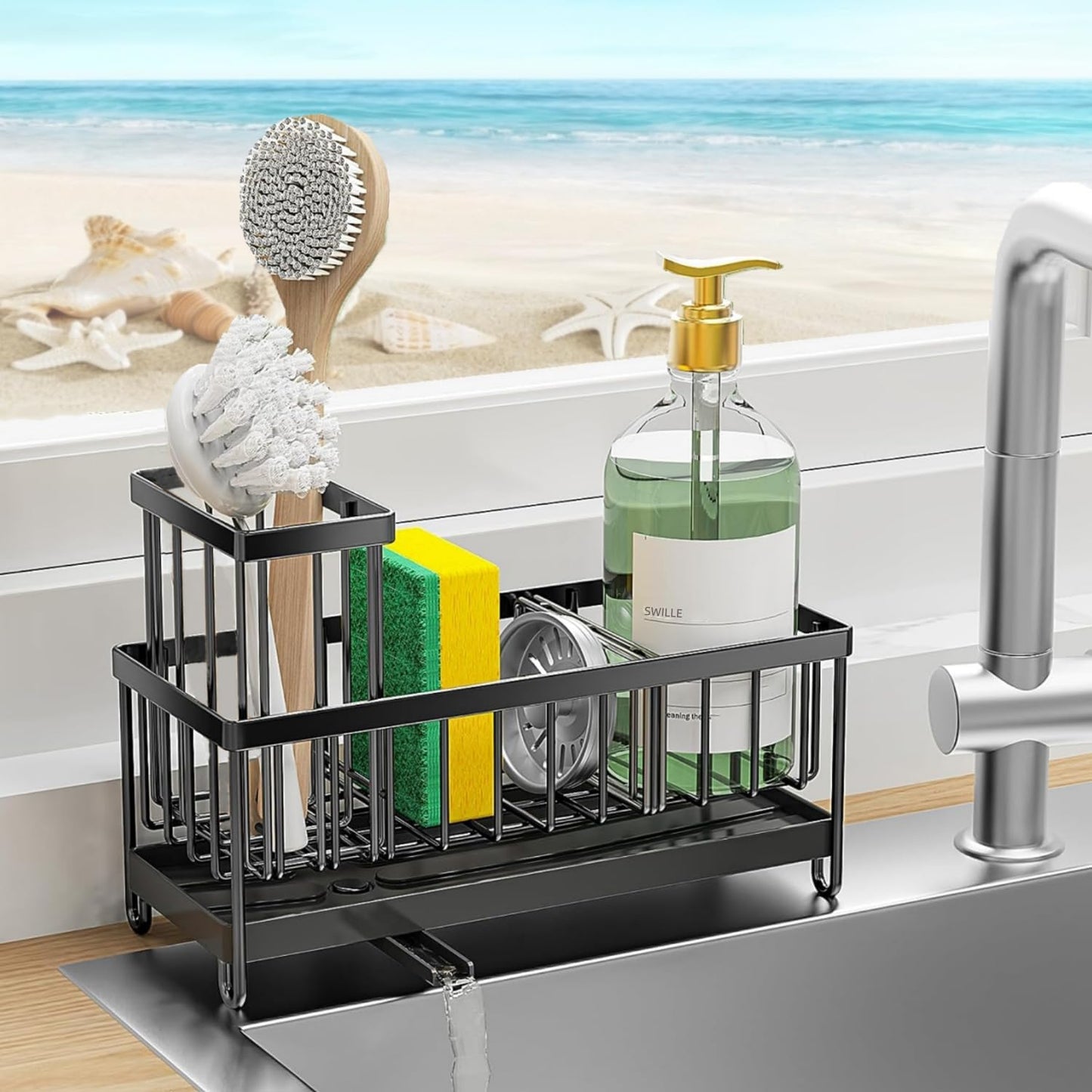 Sponge Holder for Kitchen Sink, Stainless Steel Sink Caddy with Auto Drain Tray, Kitchen Organizer with Towel Brush Holder for Countertop, Soap Dispenser Storage Accessories (Black Large)