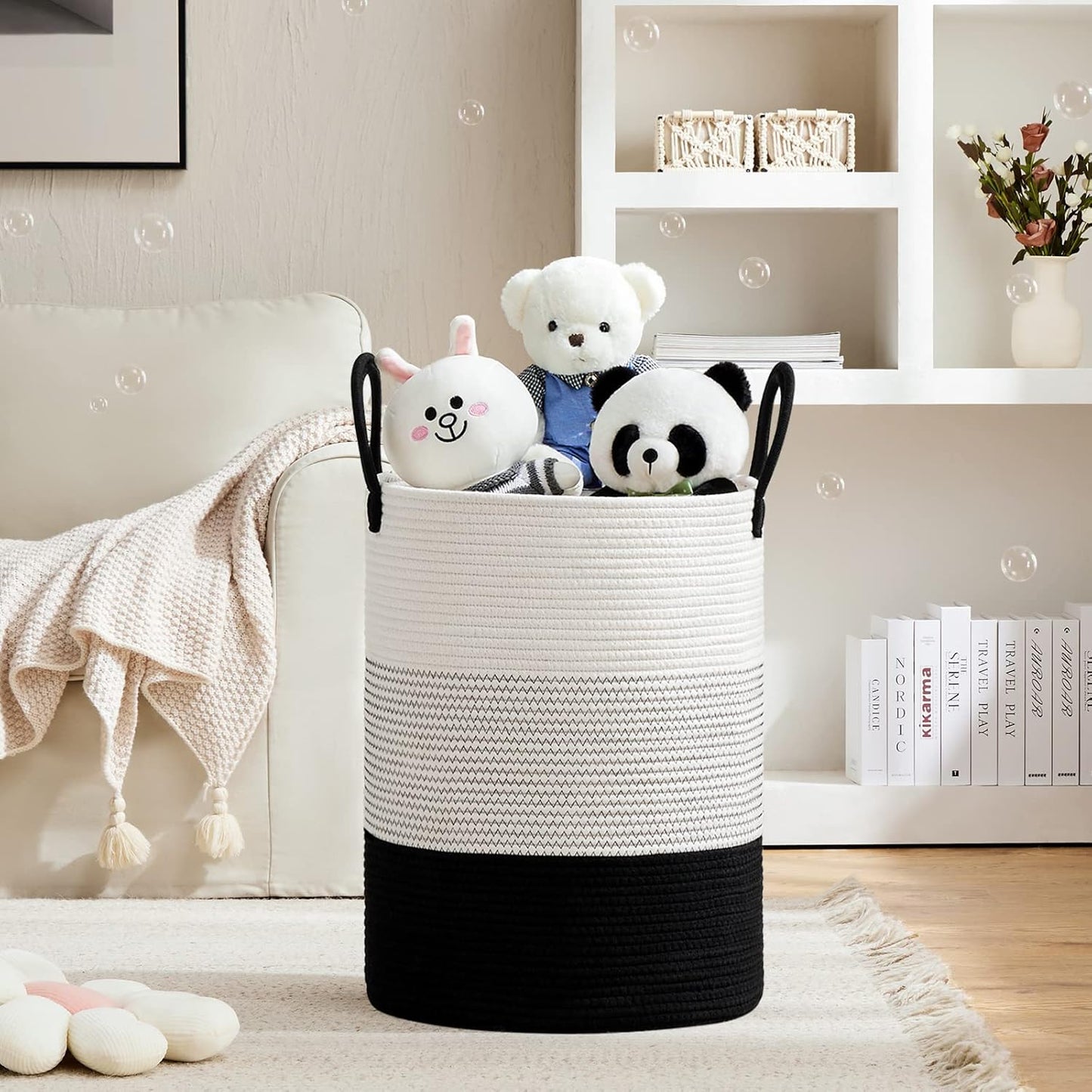 VIPOSCO Large Laundry Hamper, Tall Woven Rope Storage Basket for Blanket, Toys, Dirty Clothes in Living Room, Bathroom, Bedroom - 100L White & Black