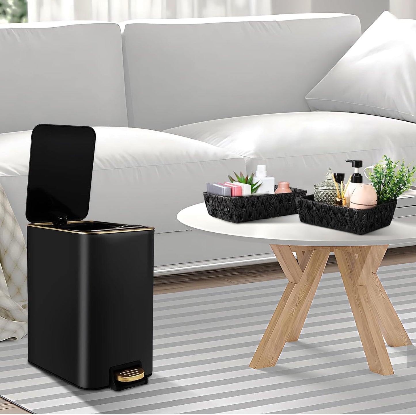 Small Bathroom Trash Can with Lid Soft Close, 1.8 Gallon Stainless Steel Garbage Can with Removable Inner Bucket,Wicker Storage Baskets,75Count Trash Bags, Slim Step Pedal Trash Bins