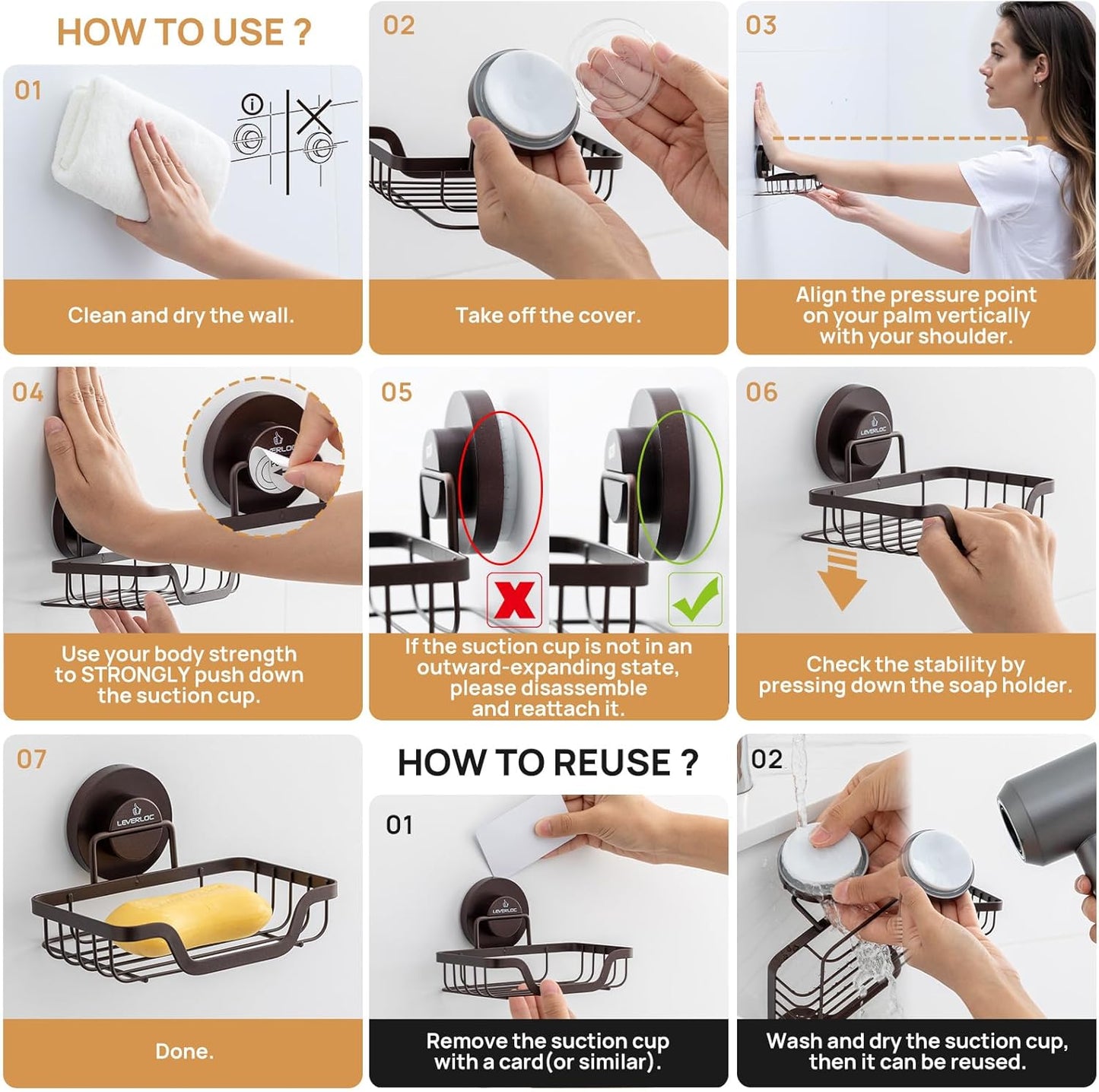 LEVERLOC Soap Dish, Soap Bar Holder for Shower Suction Cup Wall Mounted, Stainless Steel No-Drilling Removable Waterproof Sponge Holder for Bathroom Bathtub Kitchen Sink, Keep Dry, Brown