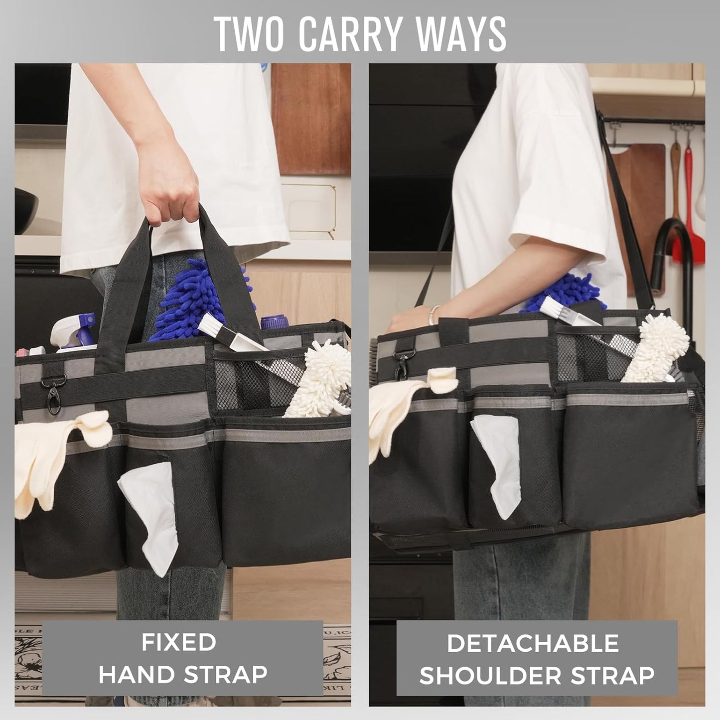 Wearable Cleaning Caddy, Cleaning Caddy Supplies Organizer with Handle & Shoulder Straps for Housekeepers, Under Sink & Car Cleaning Tool Organizers Bag with 4 Foldable Divider (MediumGrey)