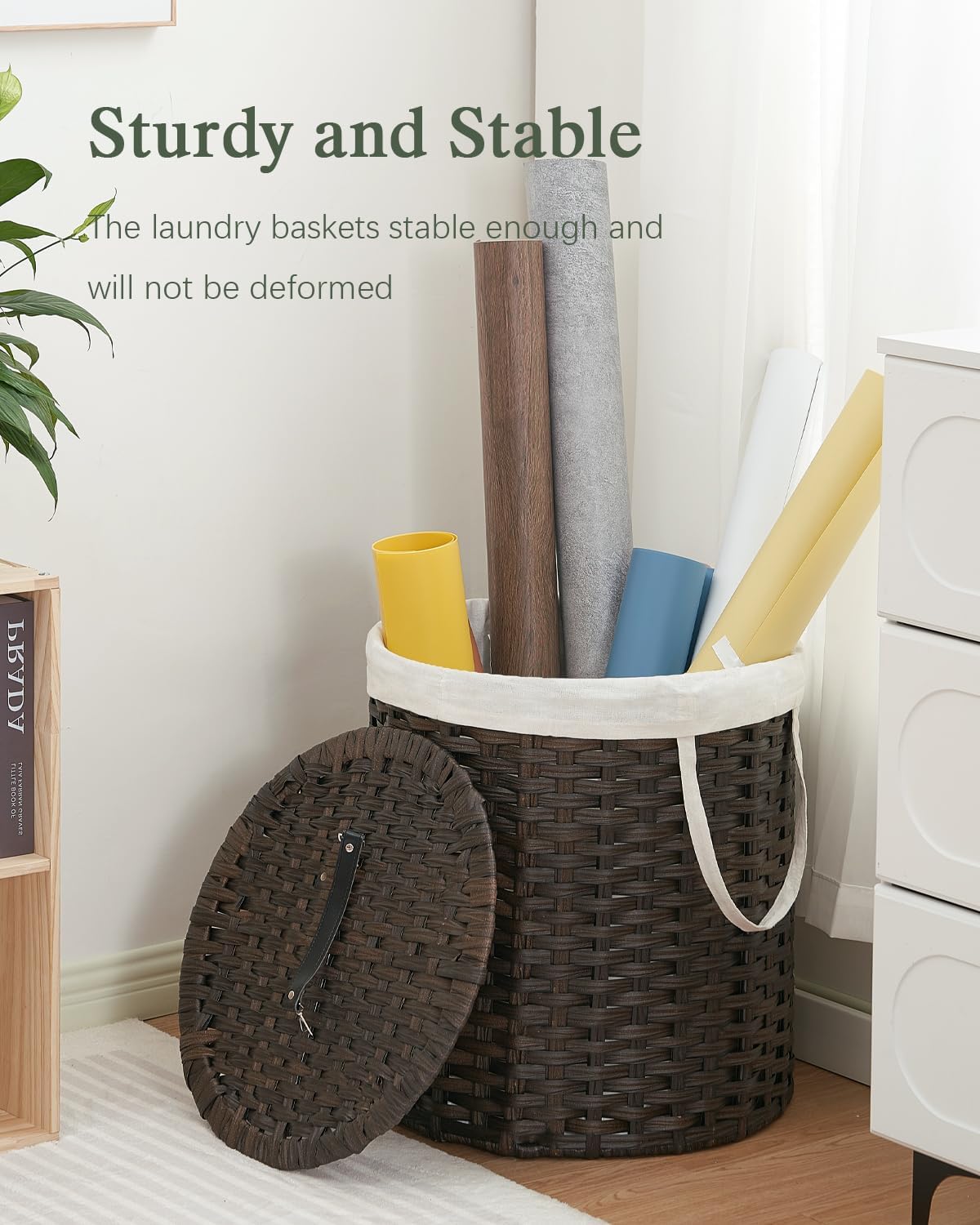 Laundry Hamper with Lid Wicker Laundry Hamper Round 26.5 Gal (100 L) Laundry Basket Handwoven Rattan Laundry Basket with Removable Bag Handles 2 Mesh Bags for Living Room Bedroom Brown