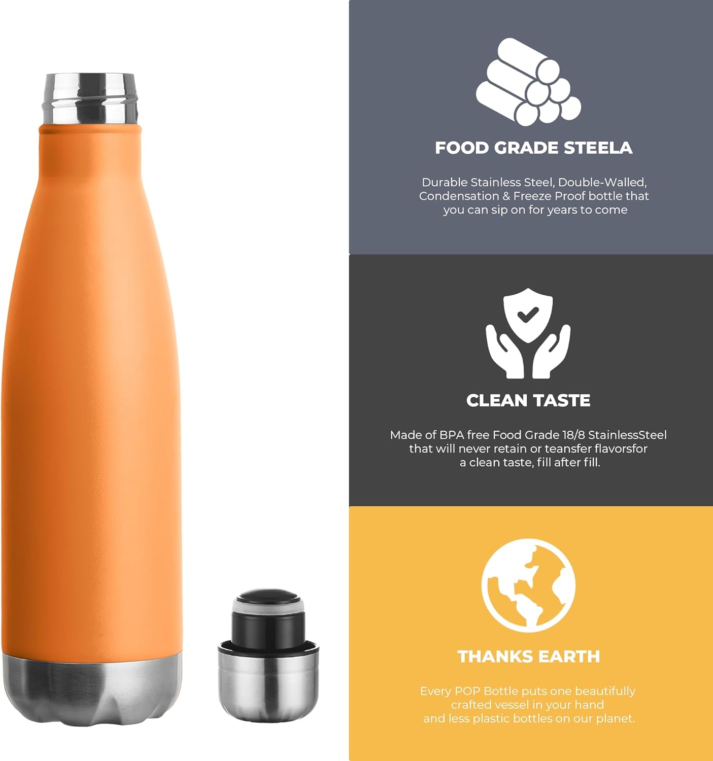 MEWAY 17oz Sport Water Bottle Vacuum Insulated Stainless Steel Leak-Proof Double Wall Cola Shape Water Bottle,Keep Drinks Hot & Cold(Orange,1 Pack)