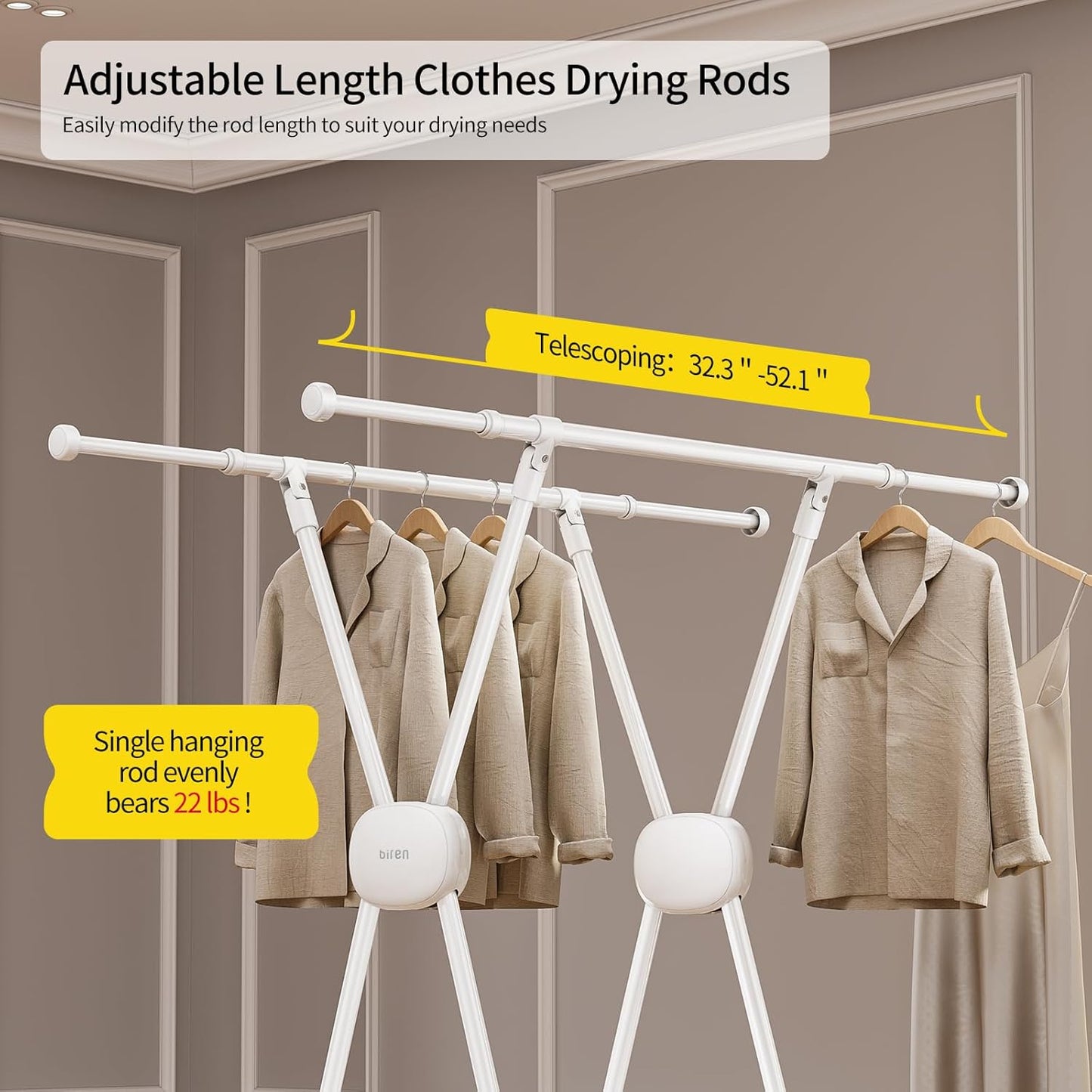 BIREN Clothes Drying Rack Heavy Duty Clothing Racks Extending Laundry Rack Two Drying Modes Garment Racks for Drying Clothes, Adjustable Length from 32-55 Inches for Indoor Outdoor Use