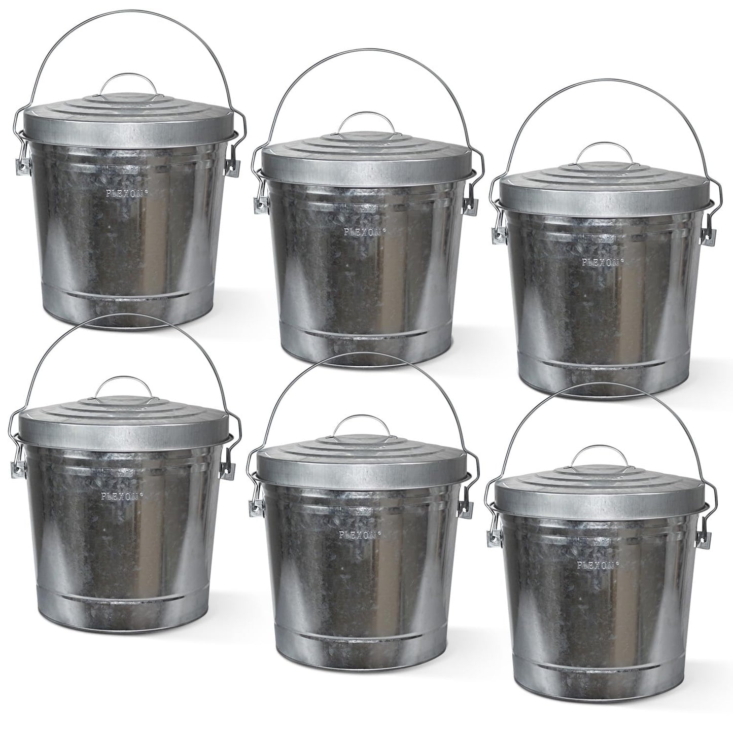 Plexon 6 Gallon Outdoor Trash Can with Lid Galvanized Metal Bucket with Locking Lid for Poultry Feed Bird Seed Storage Ash Small Garbage Can, 6 Pack