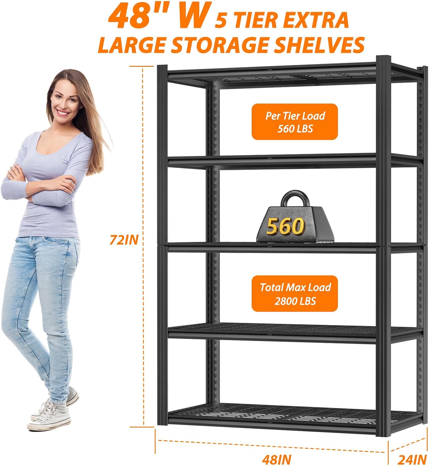 48" W Garage Shelving Heavy Duty,2800LBS Storage Shelves,5-Tier Adjustable Metal Shelving Utility Shelf Rack Garage Storage Organize for Storage Industrial, Warehouse, Basement