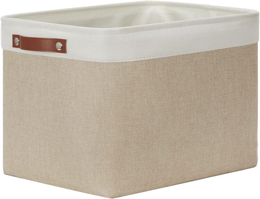 DULLEMELO Storage Baskets Large 16"x12"x12" Tall Rectangular Baskets Fabric Storage Bins for Organizing [1 Pack] Collapsible Linen Shelf Baskets for Clothes, Toys, Closet, Laundry (White&Khaki)