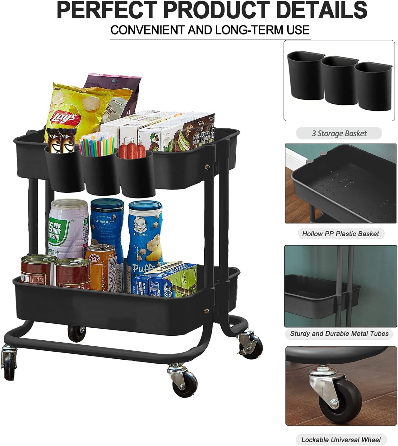 Melody House 2-Tier Utility Rolling Cart Storage Sofa Side Table with Wheels, Mobile Trolley Organizer with for Office Home Kitchen Organization, Black