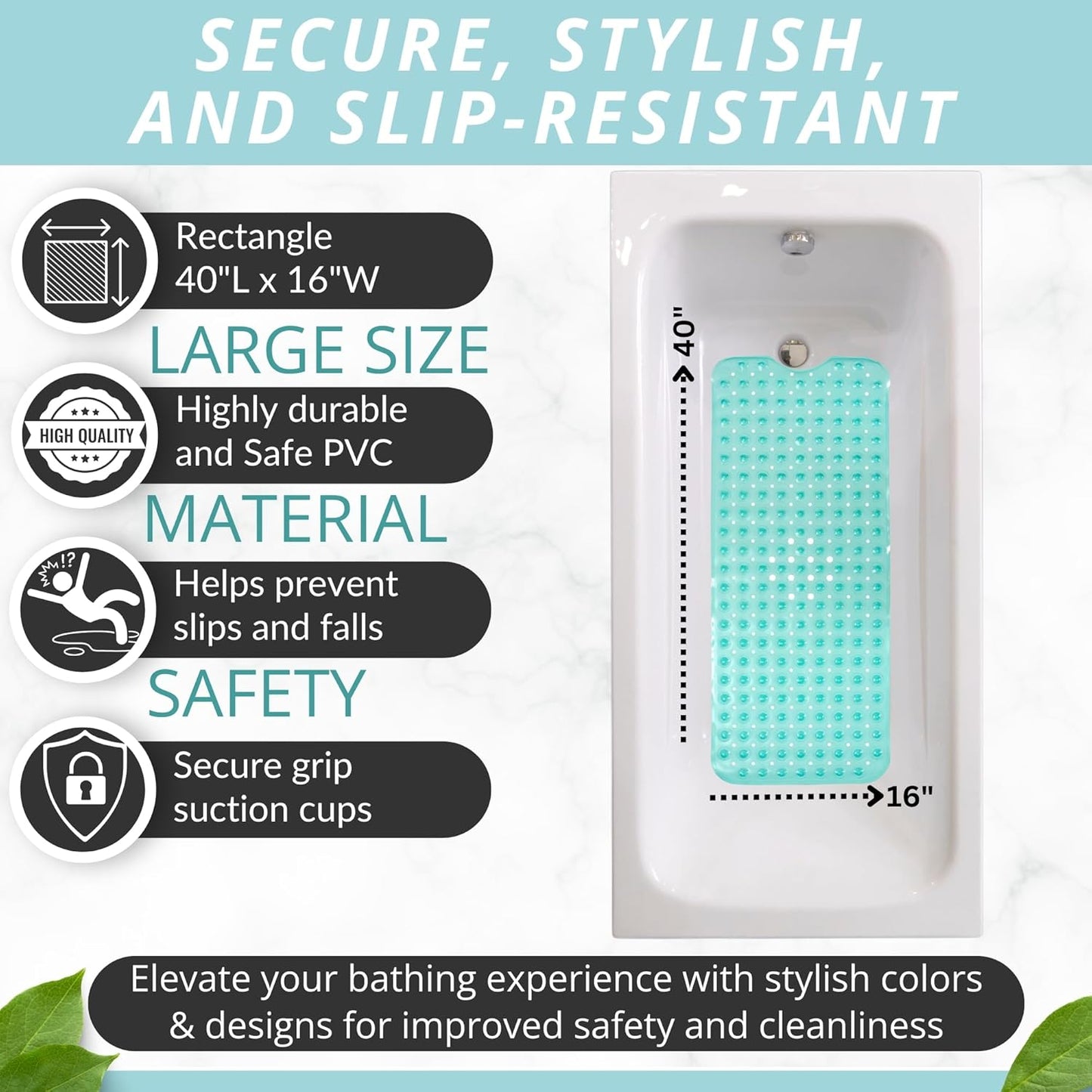 ENKOSI Bath Mat - Large Non Slip Bathtub & Shower Mat - Extra Long 40 x 16 Inch Bathroom Mats for Tub Nonslip Anti Slip Bathmats (40x16 Turquoise 1-Pack)