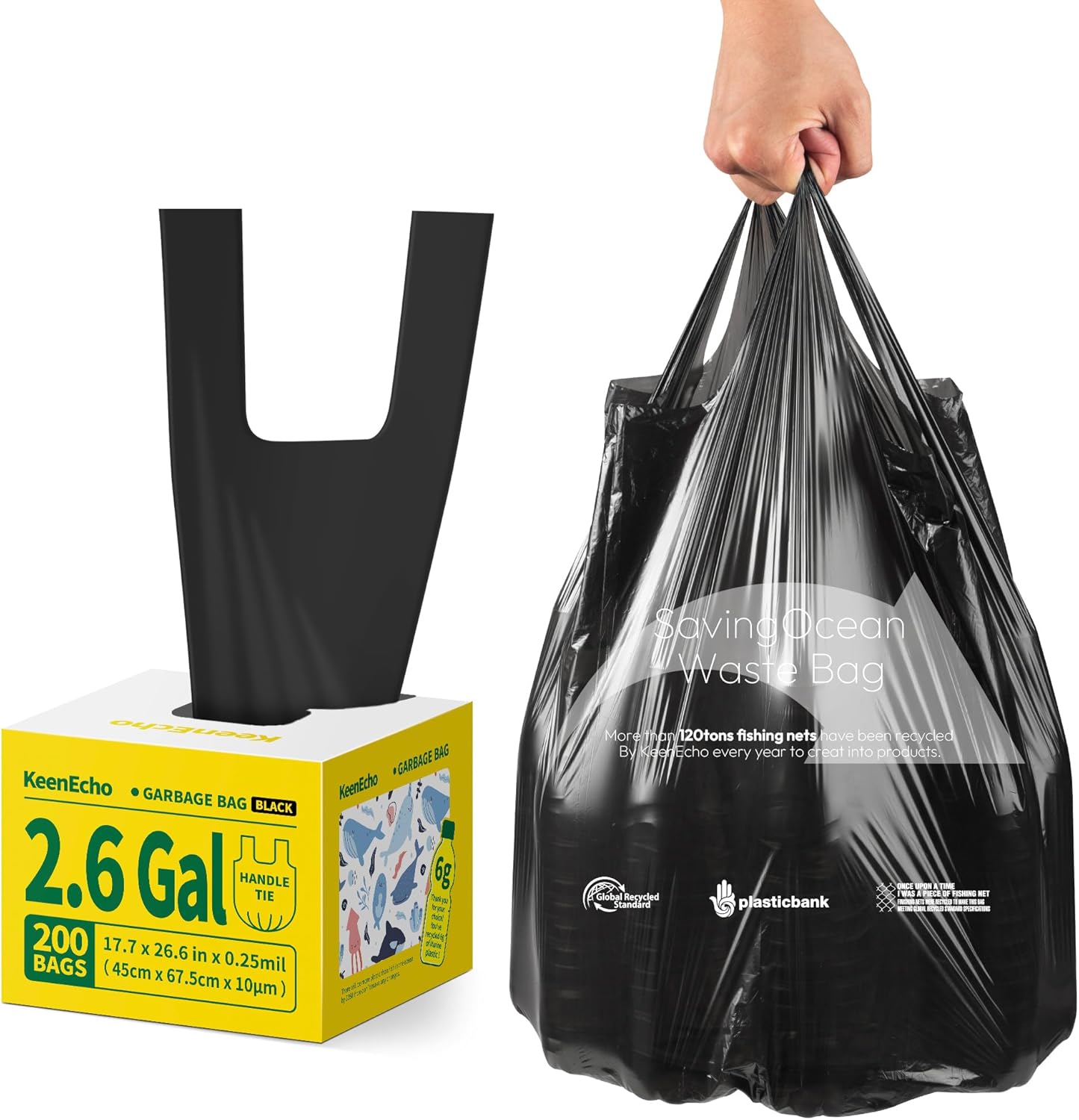 Small Trash Bags with Handles 2.6 Gallon 200 Count Black - Ocean Plastic Upcycling - Plastic Garbage Bags, Can Bin & Waste Basket Liner for Kitchen, Bathroom, Office and Pets