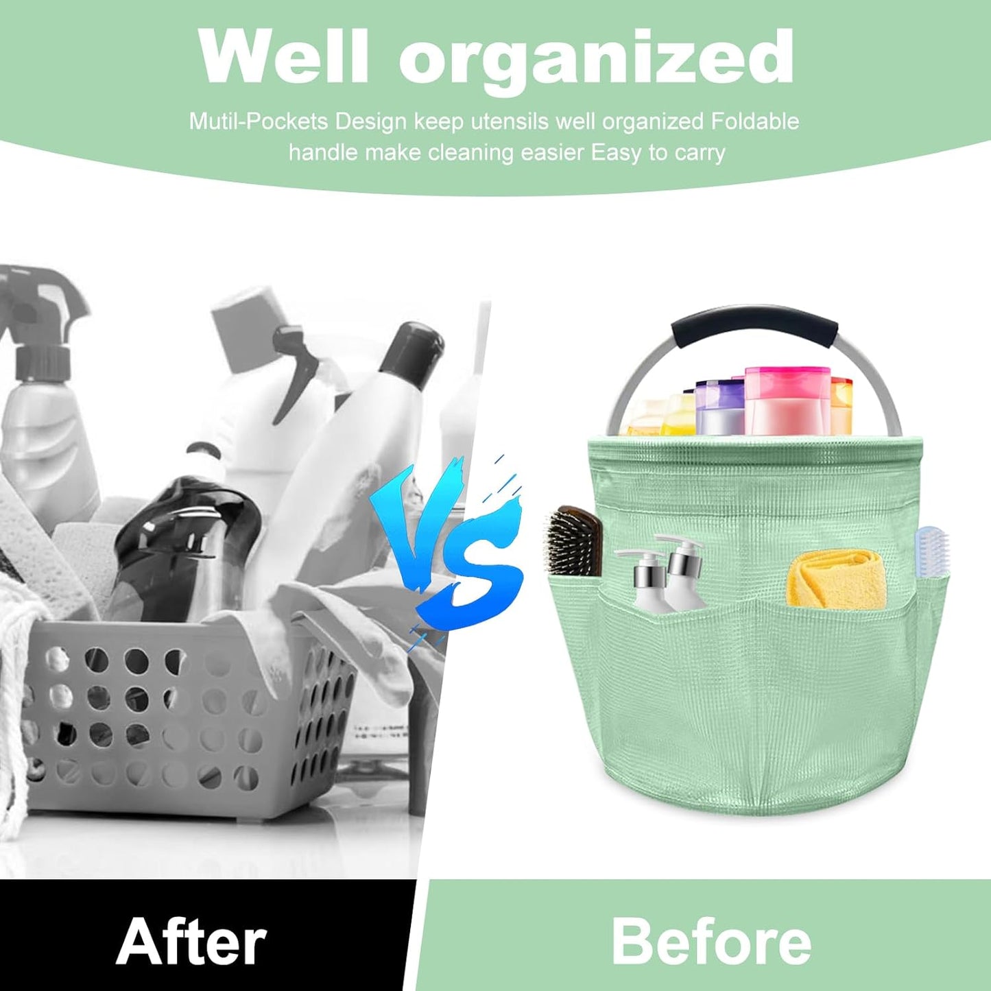 Qivine 17L Cleaning Caddy with Handle, Cleaning Supply Caddy Foldable Tool Bag Cleaning Products Organizers Portable Cleaning Bucket Organiser for Storing Towels (Clear Green)