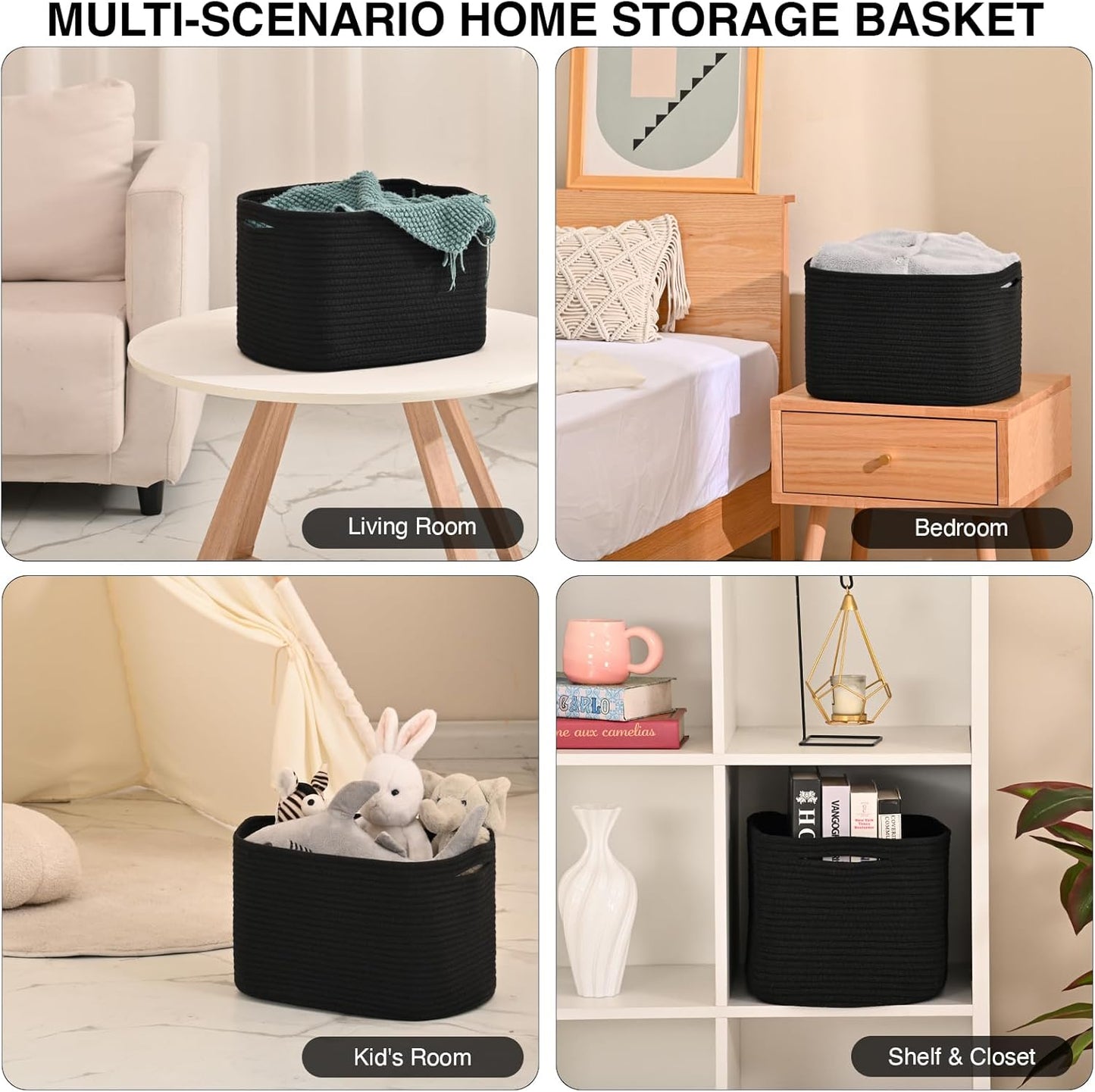 Woven Cotton Rope Storage Basket for Organizing, Cute Decorative Baskets for Gifts Empty, Organizer Bins for Dog Toy, Baby Laundry, 17“×13”×9.5“, Black