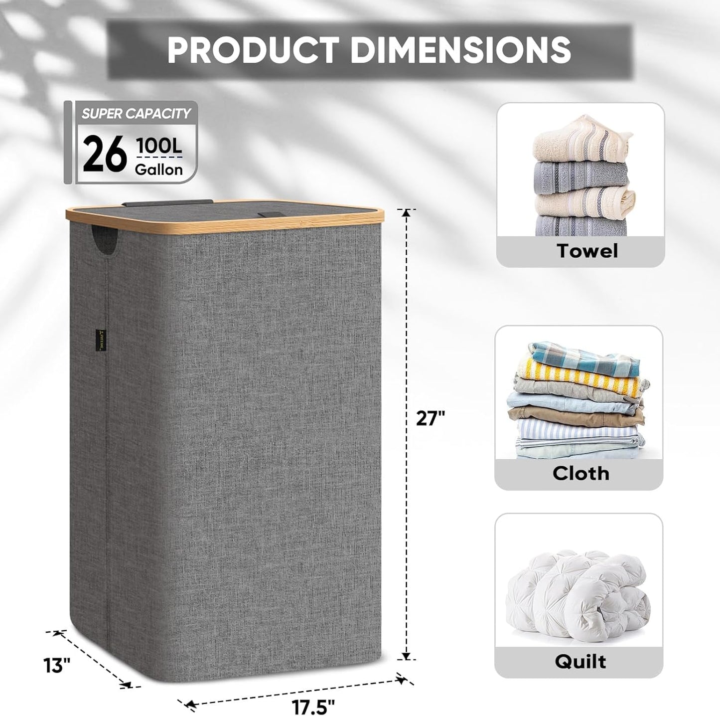 BALEINE Laundry Hamper with Lid, Tall Laundry Baskets with Bamboo Pull Handles, Large Laundry Bin with Internal Support (26 Gal/100L, Blue)