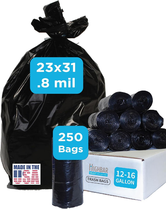 Home and Kitchen Durable Black Trash Bags, 12-16 Gallon, Strong and Puncture Proof Resins, 0.8 Mil Thick, Standard Wastebasket Size 23 x 31, Extra Tall, Office and Food Waste, 250 Count