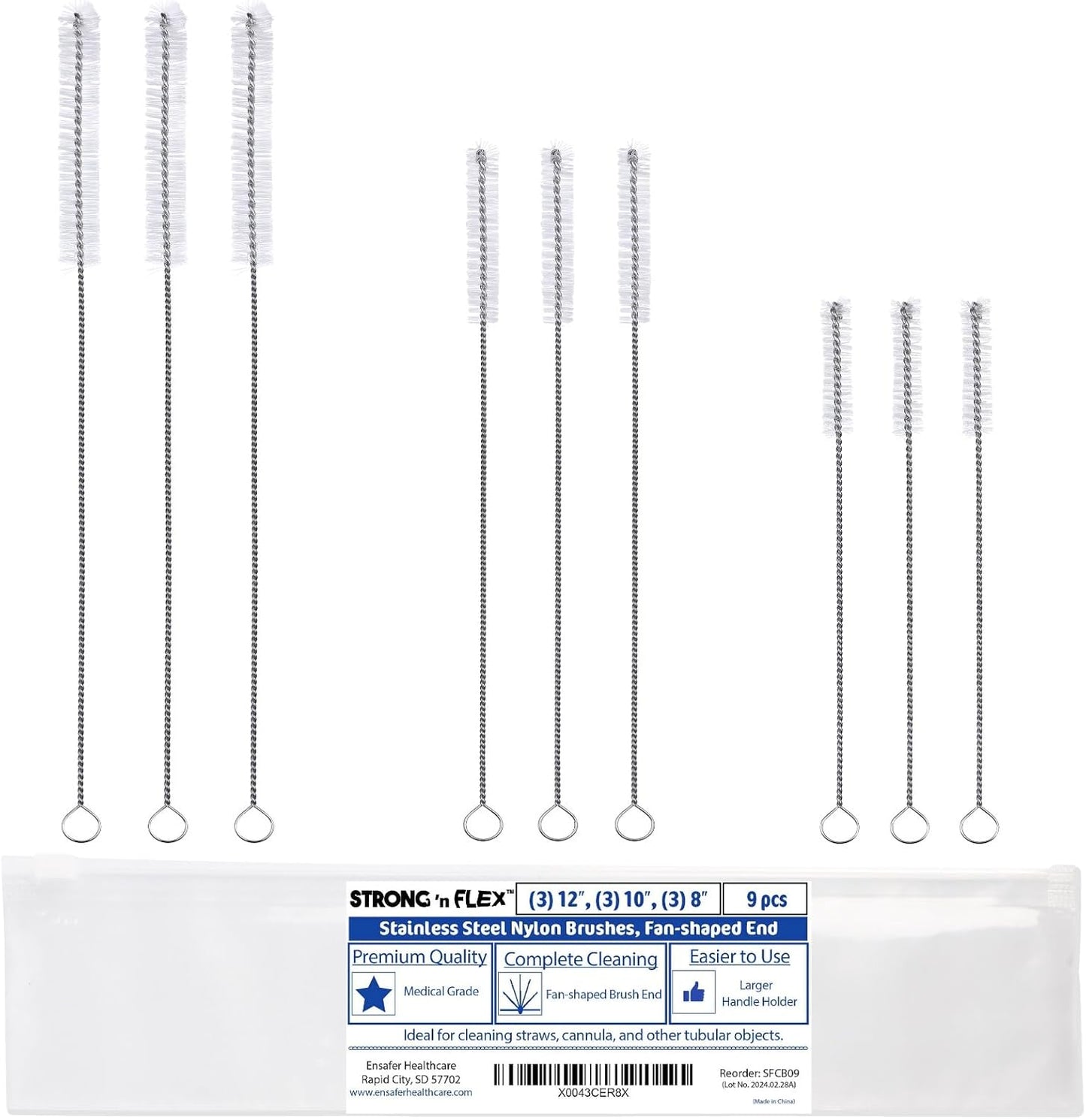 Strong 'n Flex Nylon Straw Cleaner Brushes – Fan-Shaped End for Tight Spaces, Ideal for Reusable Straws, Water Bottles, Sippy Cups & Pipes – Includes Zippered Pouch – 8", 10”, 12” Long – Set of 9