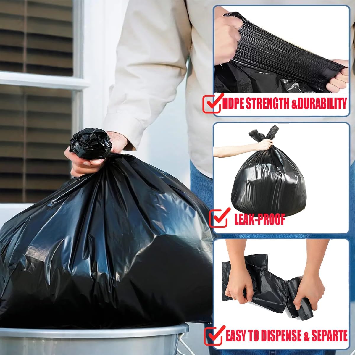 2-4 Gallon Trash Bags, 200 Count Black Garbage bags, Small Trash Can Bin Liners for Bathroom, Office, Industrial, Commercial, Janitorial, Municipal, Recycling…
