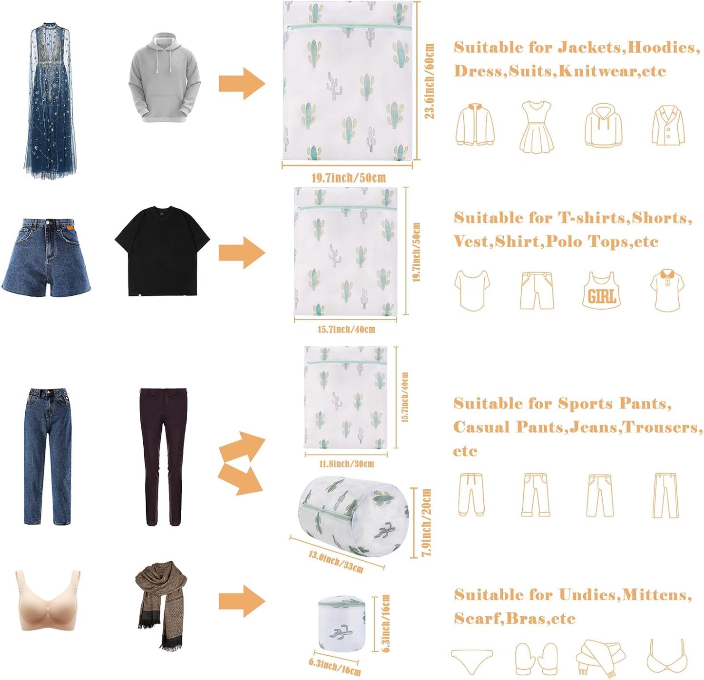 Mesh Laundry Bag, Durable Laundry Bags with Premium Zipper, 5-Piece Washing Machine Wash Bags for Delicates Blouse, Hosiery, Baby Clothes, Travel Organization Bag (Cactus)