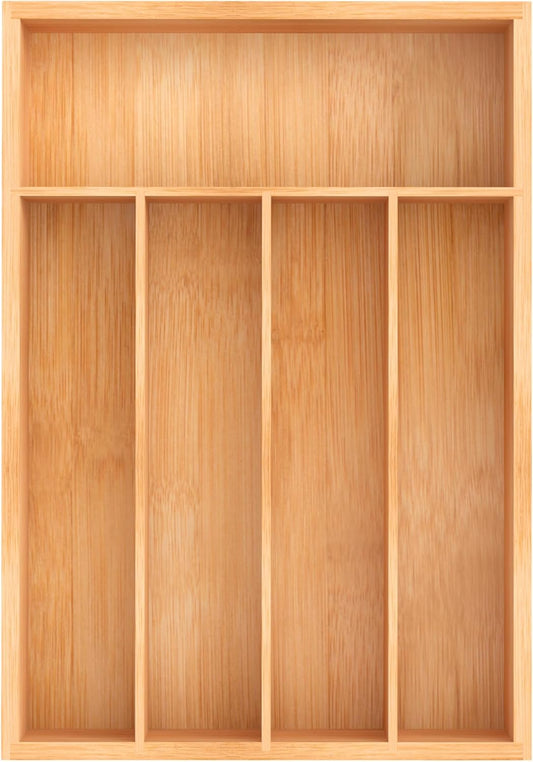 Bamboo Utensil Drawer Organizer, Kitchen Organizer for Flatware Cutlery, Silverware Tray for Drawer (5 Slots, Natural)